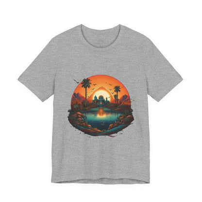 Sunset Oasis Unisex Tee - Summer Vibes, Graphic T-Shirt, Casualwear, Beachwear, Gift for Travelers, Nature Lover