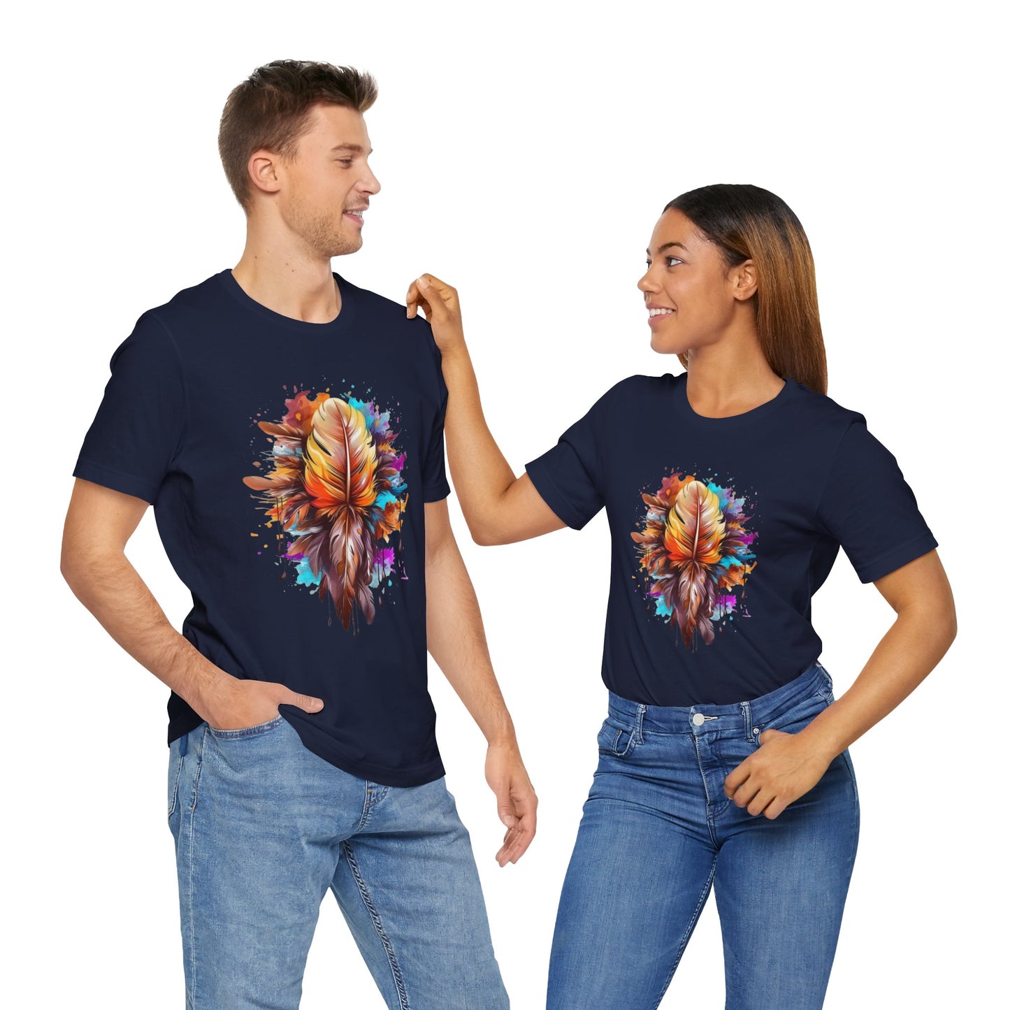 Colorful Feather Art Tee - Unisex Short Sleeve T-Shirt, Bohemian Top, Gift for Nature Lovers, Artisticwear, Casual Wear, Summer Tee