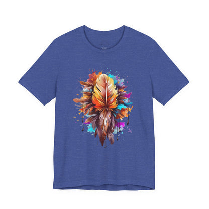 Colorful Feather Art Tee - Unisex Short Sleeve T-Shirt, Bohemian Top, Gift for Nature Lovers, Artisticwear, Casual Wear, Summer Tee
