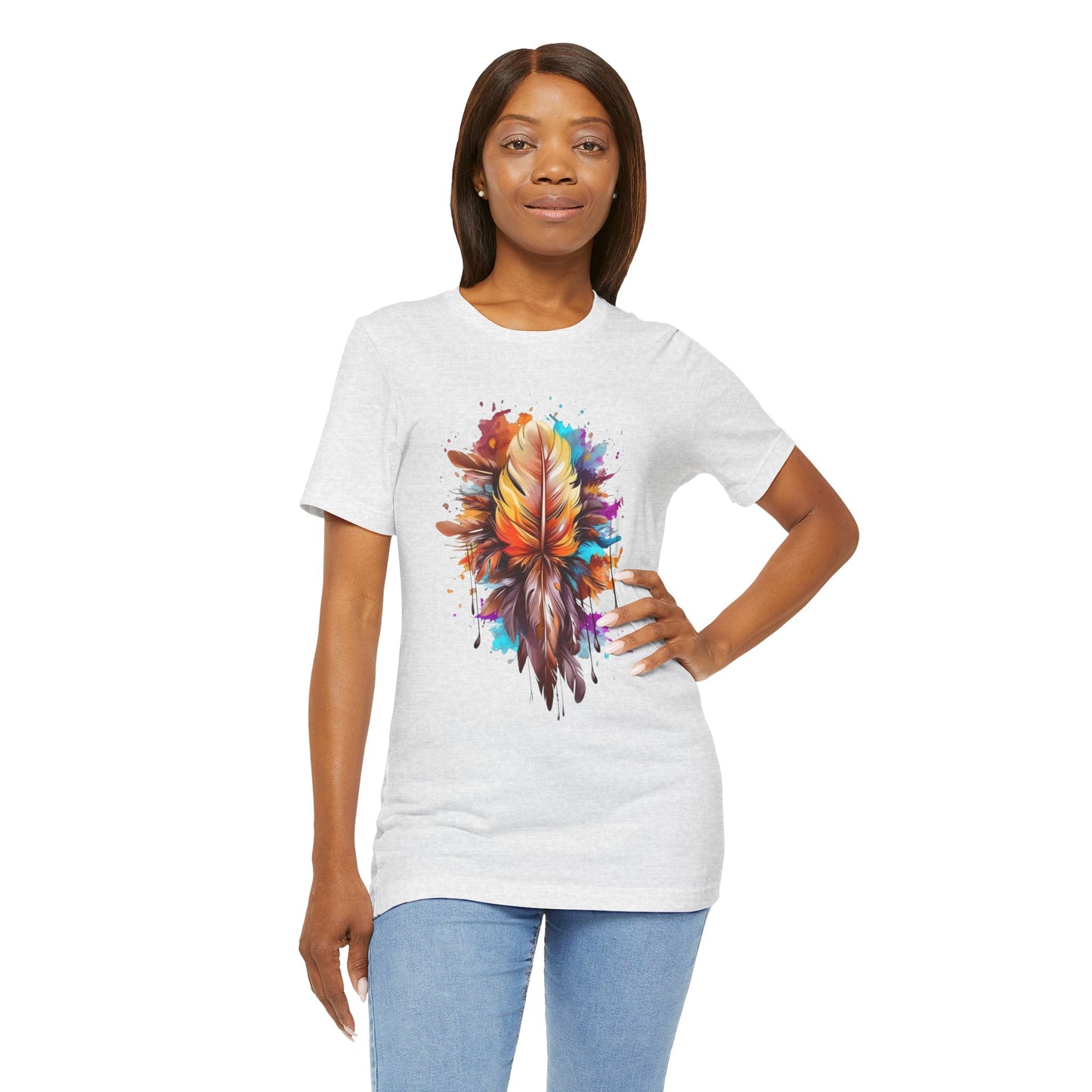 Colorful Feather Art Tee - Unisex Short Sleeve T-Shirt, Bohemian Top, Gift for Nature Lovers, Artisticwear, Casual Wear, Summer Tee