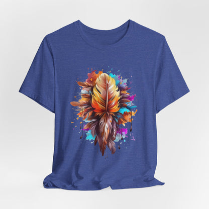 Colorful Feather Art Tee - Unisex Short Sleeve T-Shirt, Bohemian Top, Gift for Nature Lovers, Artisticwear, Casual Wear, Summer Tee
