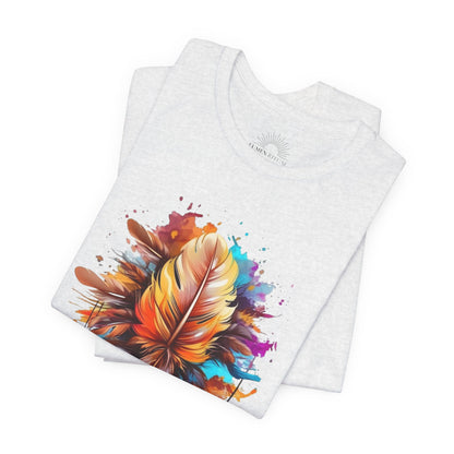 Colorful Feather Art Tee - Unisex Short Sleeve T-Shirt, Bohemian Top, Gift for Nature Lovers, Artisticwear, Casual Wear, Summer Tee