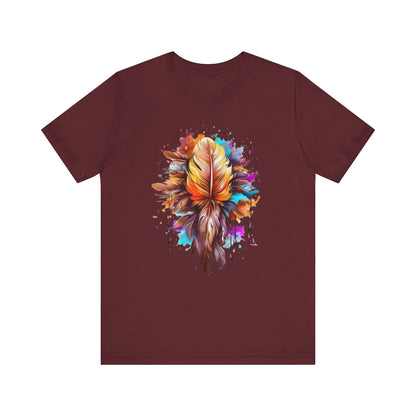 Colorful Feather Art Tee - Unisex Short Sleeve T-Shirt, Bohemian Top, Gift for Nature Lovers, Artisticwear, Casual Wear, Summer Tee