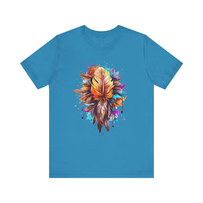 Colorful Feather Art Tee - Unisex Short Sleeve T-Shirt, Bohemian Top, Gift for Nature Lovers, Artisticwear, Casual Wear, Summer Tee