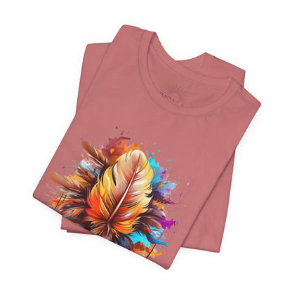 Colorful Feather Art Tee - Unisex Short Sleeve T-Shirt, Bohemian Top, Gift for Nature Lovers, Artisticwear, Casual Wear, Summer Tee