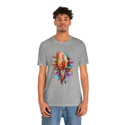 Colorful Feather Art Tee - Unisex Short Sleeve T-Shirt, Bohemian Top, Gift for Nature Lovers, Artisticwear, Casual Wear, Summer Tee