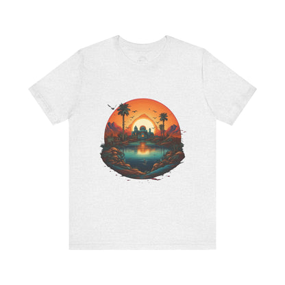 Sunset Oasis Unisex Tee - Summer Vibes, Graphic T-Shirt, Casualwear, Beachwear, Gift for Travelers, Nature Lover