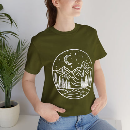 Mountain Nightscape Tee, Nature Lover Shirt, Camping Apparel, Adventure Outfit, Unisex Graphic Tee