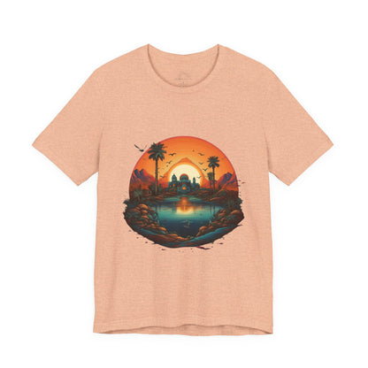 Sunset Oasis Unisex Tee - Summer Vibes, Graphic T-Shirt, Casualwear, Beachwear, Gift for Travelers, Nature Lover