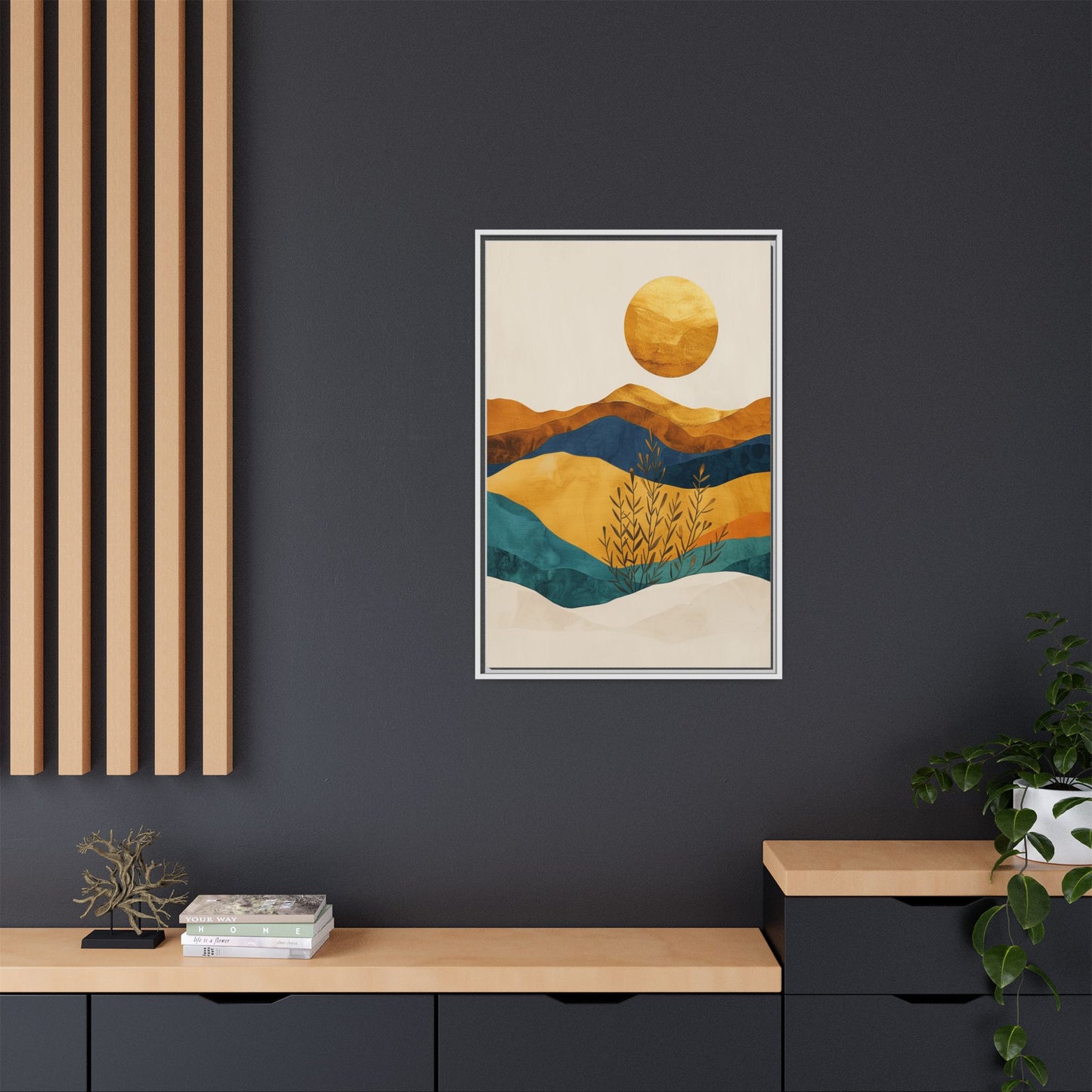 Framed Matte Canvas Wall Art, Boho Decor, Sun and Mountains, Home Gallery, Unique Gift, Cozy Atmosphere, Nature-Inspired