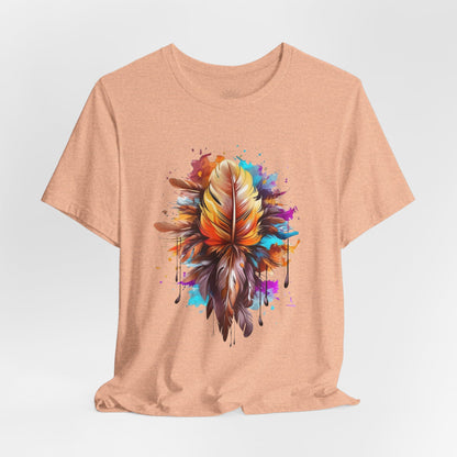 Colorful Feather Art Tee - Unisex Short Sleeve T-Shirt, Bohemian Top, Gift for Nature Lovers, Artisticwear, Casual Wear, Summer Tee