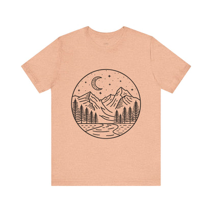 Mountain Nightscape Tee, Nature Lover Shirt, Camping Apparel, Adventure Outfit, Unisex Graphic Tee