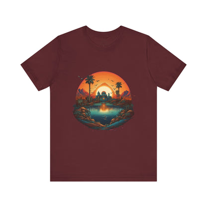 Sunset Oasis Unisex Tee - Summer Vibes, Graphic T-Shirt, Casualwear, Beachwear, Gift for Travelers, Nature Lover