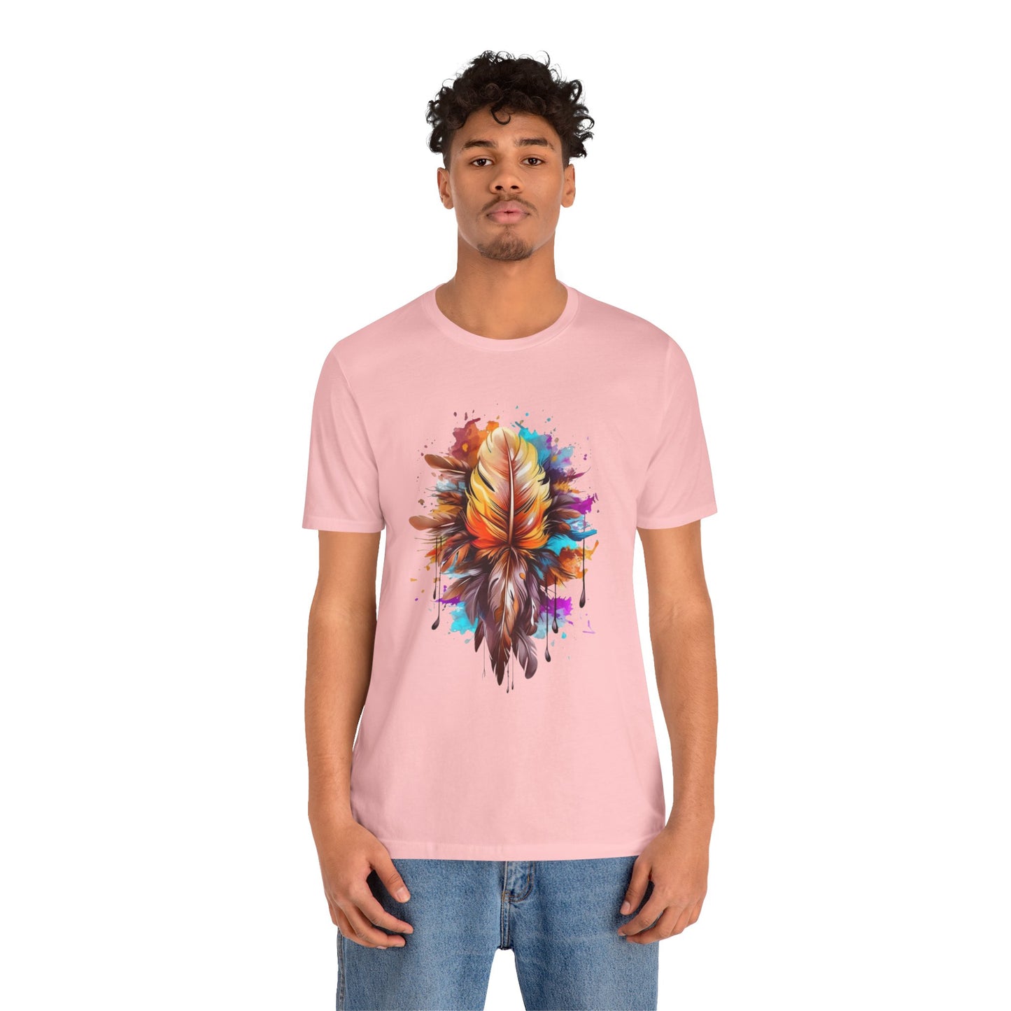 Colorful Feather Art Tee - Unisex Short Sleeve T-Shirt, Bohemian Top, Gift for Nature Lovers, Artisticwear, Casual Wear, Summer Tee