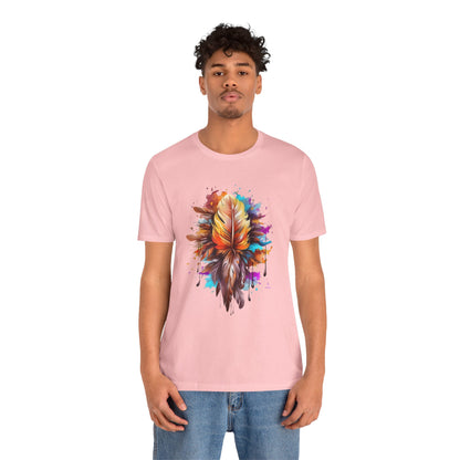 Colorful Feather Art Tee - Unisex Short Sleeve T-Shirt, Bohemian Top, Gift for Nature Lovers, Artisticwear, Casual Wear, Summer Tee