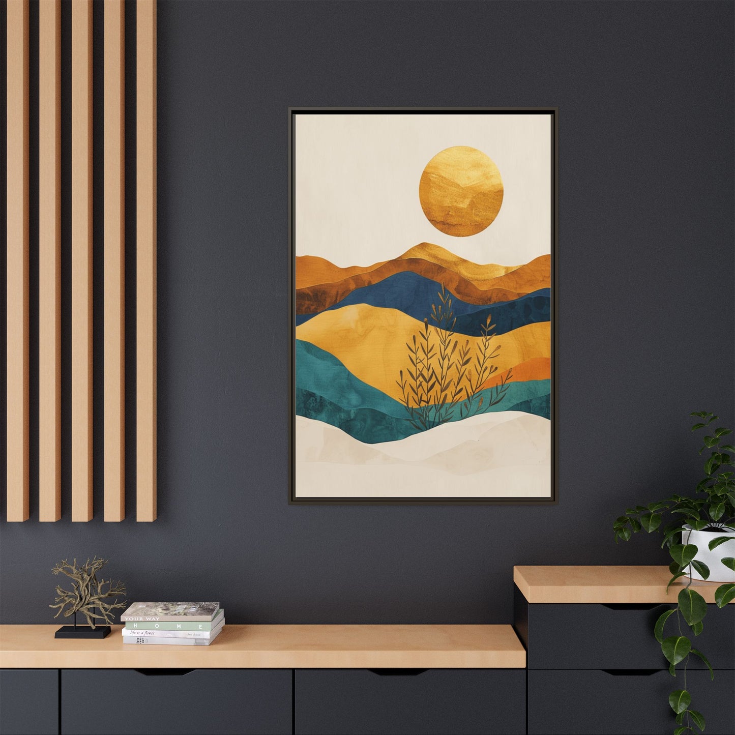 Framed Matte Canvas Wall Art, Boho Decor, Sun and Mountains, Home Gallery, Unique Gift, Cozy Atmosphere, Nature-Inspired