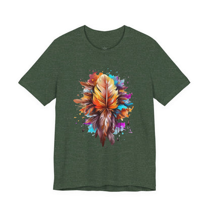 Colorful Feather Art Tee - Unisex Short Sleeve T-Shirt, Bohemian Top, Gift for Nature Lovers, Artisticwear, Casual Wear, Summer Tee