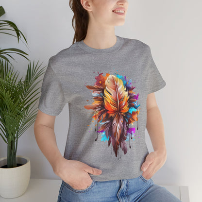 Colorful Feather Art Tee - Unisex Short Sleeve T-Shirt, Bohemian Top, Gift for Nature Lovers, Artisticwear, Casual Wear, Summer Tee