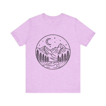Mountain Nightscape Tee, Nature Lover Shirt, Camping Apparel, Adventure Outfit, Unisex Graphic Tee