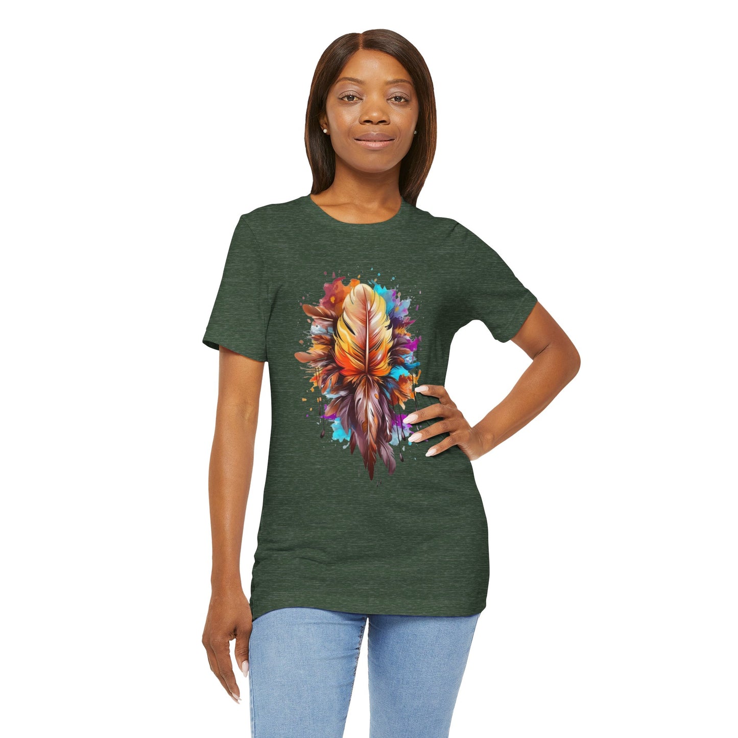 Colorful Feather Art Tee - Unisex Short Sleeve T-Shirt, Bohemian Top, Gift for Nature Lovers, Artisticwear, Casual Wear, Summer Tee