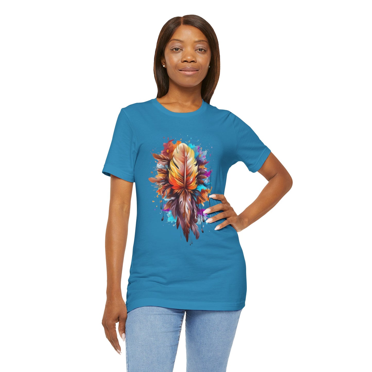 Colorful Feather Art Tee - Unisex Short Sleeve T-Shirt, Bohemian Top, Gift for Nature Lovers, Artisticwear, Casual Wear, Summer Tee