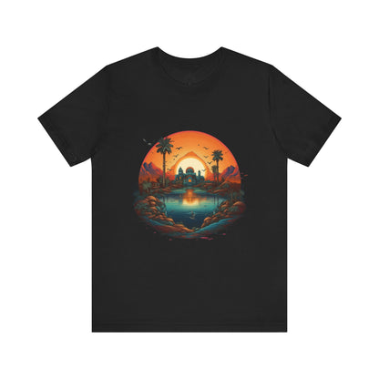 Sunset Oasis Unisex Tee - Summer Vibes, Graphic T-Shirt, Casualwear, Beachwear, Gift for Travelers, Nature Lover