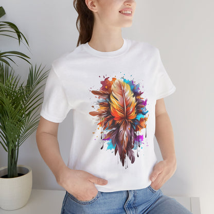 Colorful Feather Art Tee - Unisex Short Sleeve T-Shirt, Bohemian Top, Gift for Nature Lovers, Artisticwear, Casual Wear, Summer Tee