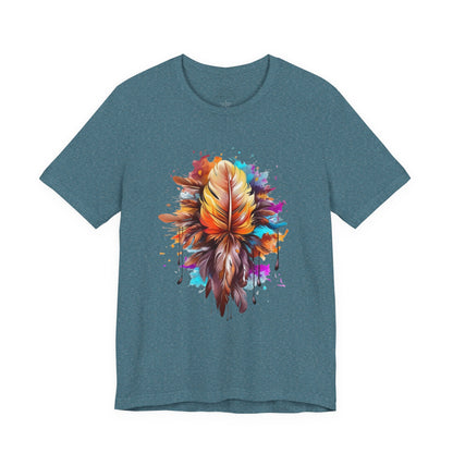 Colorful Feather Art Tee - Unisex Short Sleeve T-Shirt, Bohemian Top, Gift for Nature Lovers, Artisticwear, Casual Wear, Summer Tee