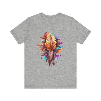 Colorful Feather Art Tee - Unisex Short Sleeve T-Shirt, Bohemian Top, Gift for Nature Lovers, Artisticwear, Casual Wear, Summer Tee
