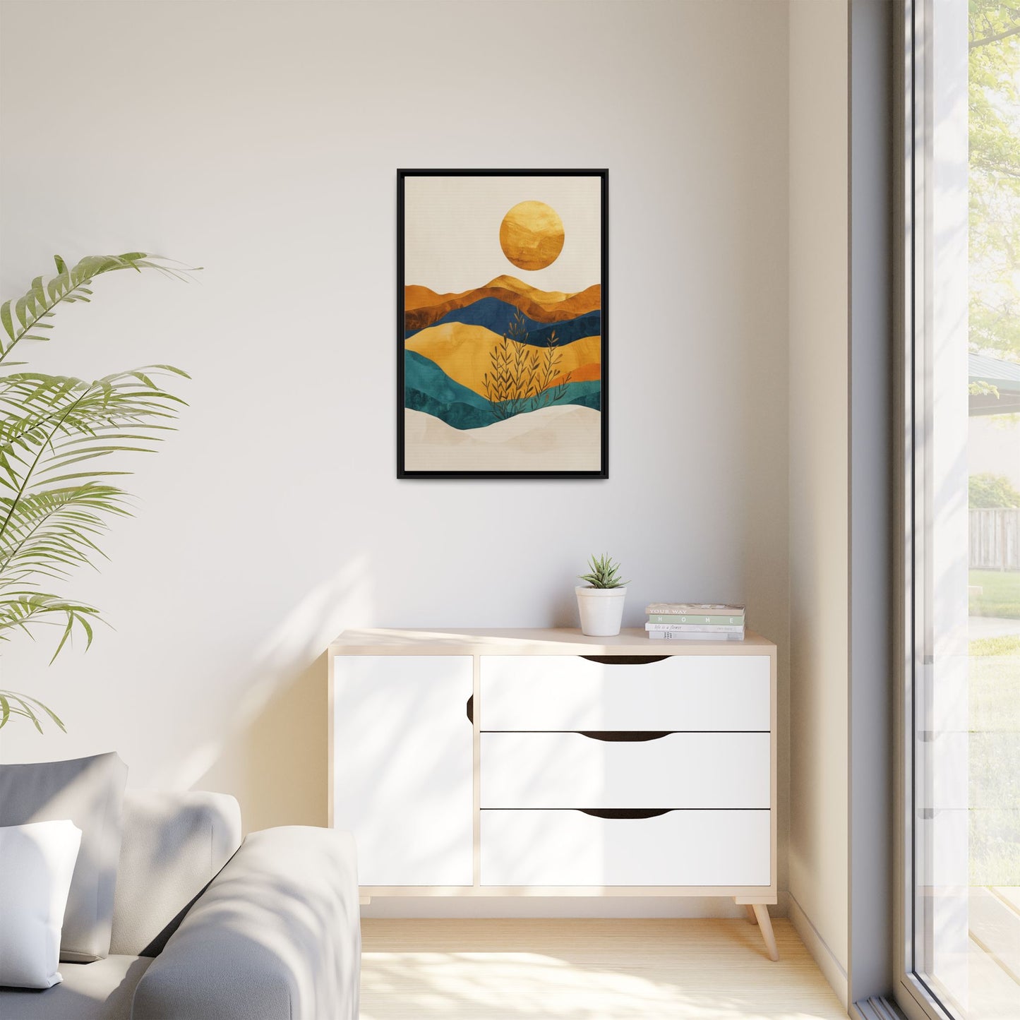 Framed Matte Canvas Wall Art, Boho Decor, Sun and Mountains, Home Gallery, Unique Gift, Cozy Atmosphere, Nature-Inspired