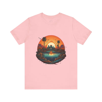 Sunset Oasis Unisex Tee - Summer Vibes, Graphic T-Shirt, Casualwear, Beachwear, Gift for Travelers, Nature Lover