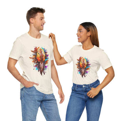 Colorful Feather Art Tee - Unisex Short Sleeve T-Shirt, Bohemian Top, Gift for Nature Lovers, Artisticwear, Casual Wear, Summer Tee