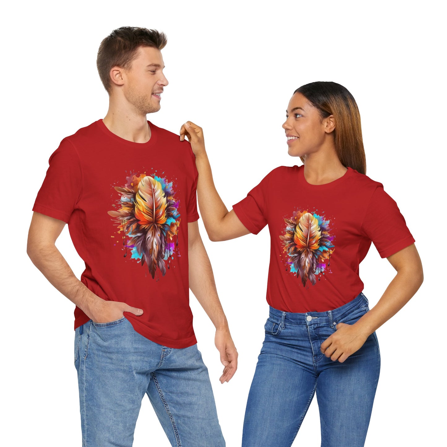 Colorful Feather Art Tee - Unisex Short Sleeve T-Shirt, Bohemian Top, Gift for Nature Lovers, Artisticwear, Casual Wear, Summer Tee