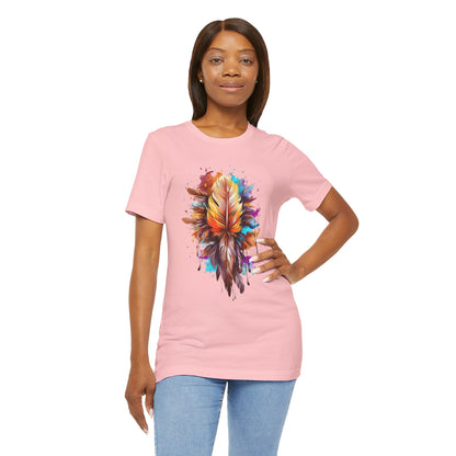 Colorful Feather Art Tee - Unisex Short Sleeve T-Shirt, Bohemian Top, Gift for Nature Lovers, Artisticwear, Casual Wear, Summer Tee