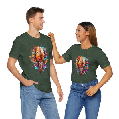 Colorful Feather Art Tee - Unisex Short Sleeve T-Shirt, Bohemian Top, Gift for Nature Lovers, Artisticwear, Casual Wear, Summer Tee