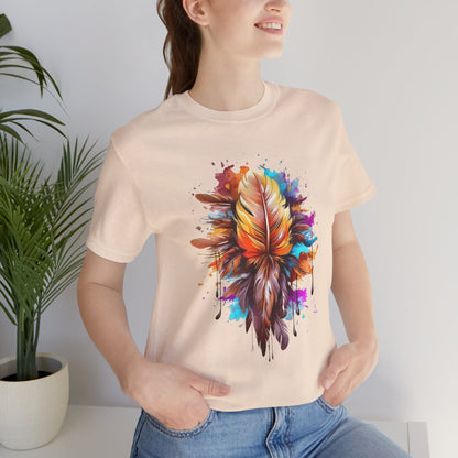 Colorful Feather Art Tee - Unisex Short Sleeve T-Shirt, Bohemian Top, Gift for Nature Lovers, Artisticwear, Casual Wear, Summer Tee