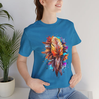 Colorful Feather Art Tee - Unisex Short Sleeve T-Shirt, Bohemian Top, Gift for Nature Lovers, Artisticwear, Casual Wear, Summer Tee