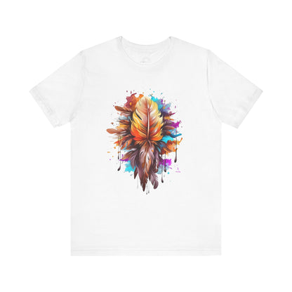 Colorful Feather Art Tee - Unisex Short Sleeve T-Shirt, Bohemian Top, Gift for Nature Lovers, Artisticwear, Casual Wear, Summer Tee