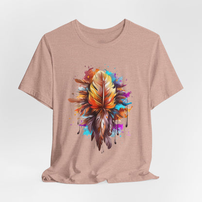 Colorful Feather Art Tee - Unisex Short Sleeve T-Shirt, Bohemian Top, Gift for Nature Lovers, Artisticwear, Casual Wear, Summer Tee
