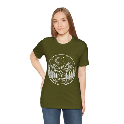 Mountain Nightscape Tee, Nature Lover Shirt, Camping Apparel, Adventure Outfit, Unisex Graphic Tee