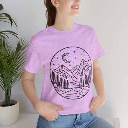 Mountain Nightscape Tee, Nature Lover Shirt, Camping Apparel, Adventure Outfit, Unisex Graphic Tee