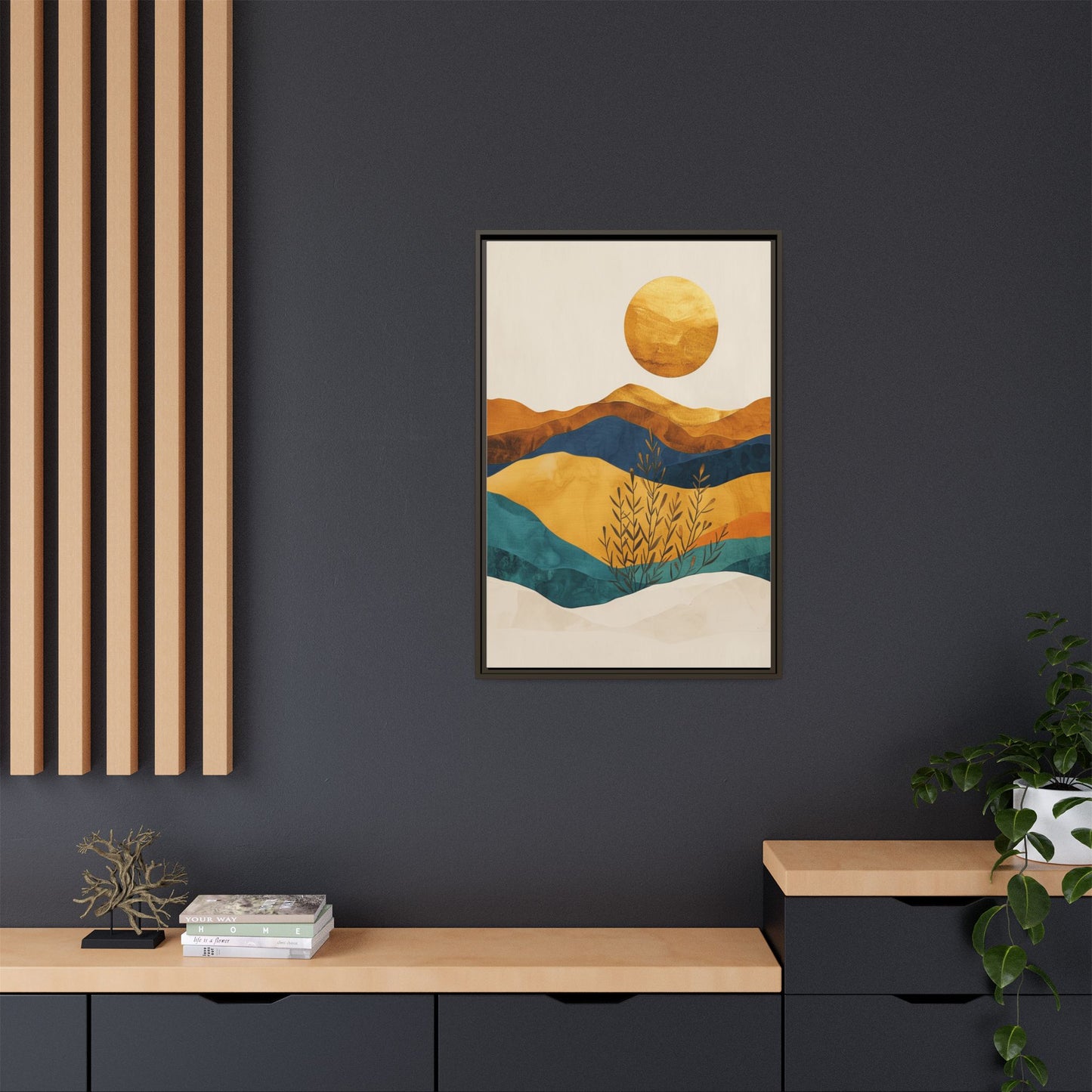 Framed Matte Canvas Wall Art, Boho Decor, Sun and Mountains, Home Gallery, Unique Gift, Cozy Atmosphere, Nature-Inspired