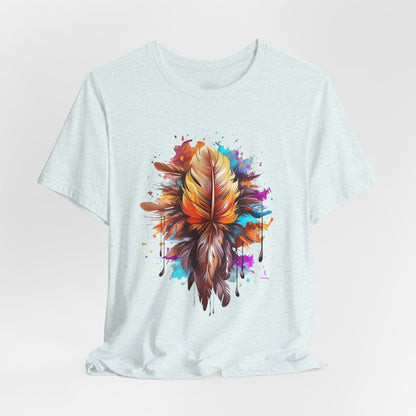Colorful Feather Art Tee - Unisex Short Sleeve T-Shirt, Bohemian Top, Gift for Nature Lovers, Artisticwear, Casual Wear, Summer Tee