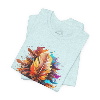 Colorful Feather Art Tee - Unisex Short Sleeve T-Shirt, Bohemian Top, Gift for Nature Lovers, Artisticwear, Casual Wear, Summer Tee