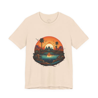 Sunset Oasis Unisex Tee - Summer Vibes, Graphic T-Shirt, Casualwear, Beachwear, Gift for Travelers, Nature Lover