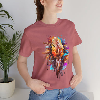 Colorful Feather Art Tee - Unisex Short Sleeve T-Shirt, Bohemian Top, Gift for Nature Lovers, Artisticwear, Casual Wear, Summer Tee