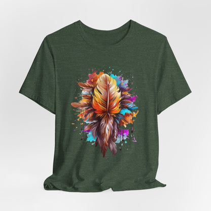 Colorful Feather Art Tee - Unisex Short Sleeve T-Shirt, Bohemian Top, Gift for Nature Lovers, Artisticwear, Casual Wear, Summer Tee