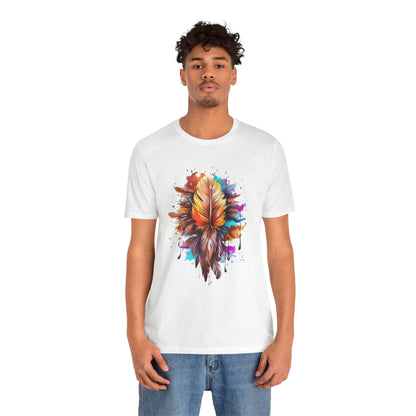 Colorful Feather Art Tee - Unisex Short Sleeve T-Shirt, Bohemian Top, Gift for Nature Lovers, Artisticwear, Casual Wear, Summer Tee