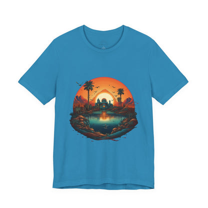 Sunset Oasis Unisex Tee - Summer Vibes, Graphic T-Shirt, Casualwear, Beachwear, Gift for Travelers, Nature Lover