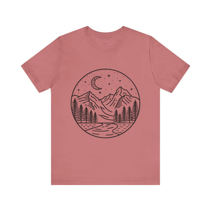 Mountain Nightscape Tee, Nature Lover Shirt, Camping Apparel, Adventure Outfit, Unisex Graphic Tee